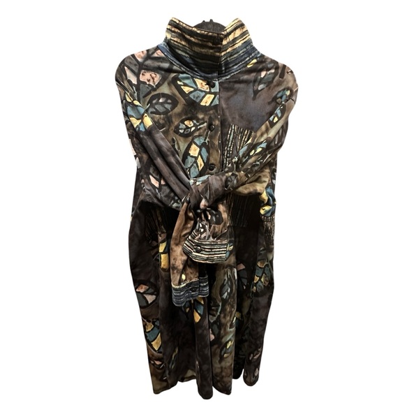 Hand Died Button Up Faux Neck Tunic Natural Tones with Leafs and Stripes 1X - Picture 3 of 13